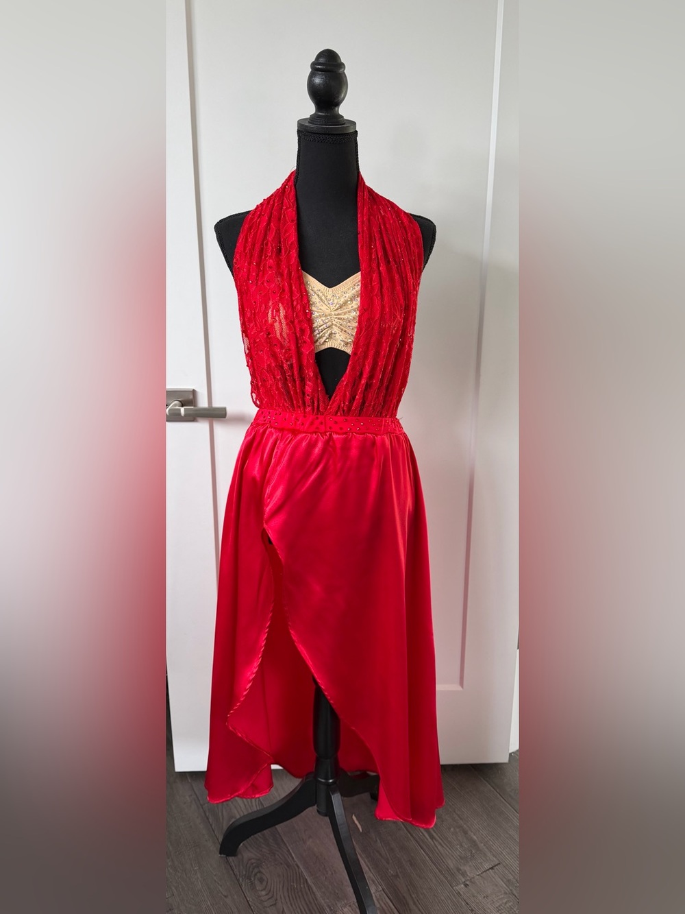 Red Satin Halter Dress with Lace Bodice lyrical dance costume custom made
